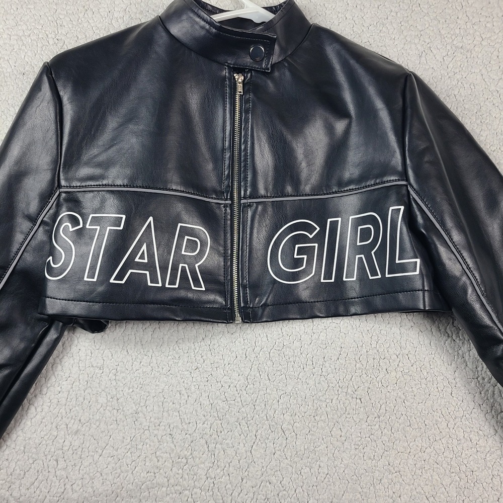 Star Girl Black Faux Leather Cropped Moto Jacket Streetwear Y2K Biker